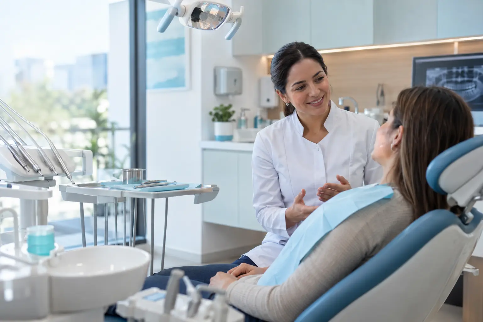 Cirurgiã-dentista conversando com paciente antes do atendimento